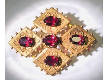 Spectacular Example; Classic Signed Van Dell Gorgeous Etruscan Revival Rose Gold Brooch Vibrant Red Stones
