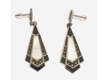 Erté Inspired Art Deco Mother Of Pearl Sterling Silver And Onyx With Marcasites Drop Post Earrings