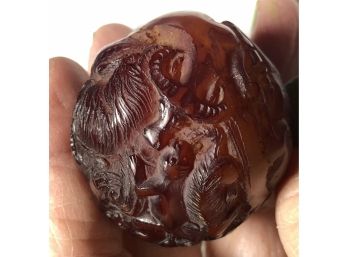 Astounding Large Hand Carved Antique Amber Orb Animals Animals Animals!!