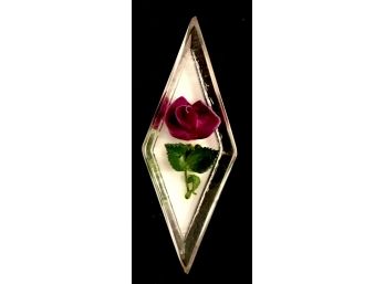 OOH LA LA!  French Vintage Red And Green Rose In Lucite Tall Diamond Brooch! 1.5”