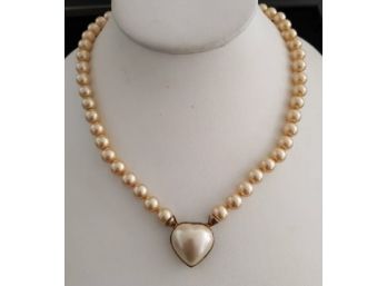 For Her Luminous Golden Ivory Hued Majolica Cultured Pearls Necklace With Hidden Sterling Heart Clasp 17.5'
