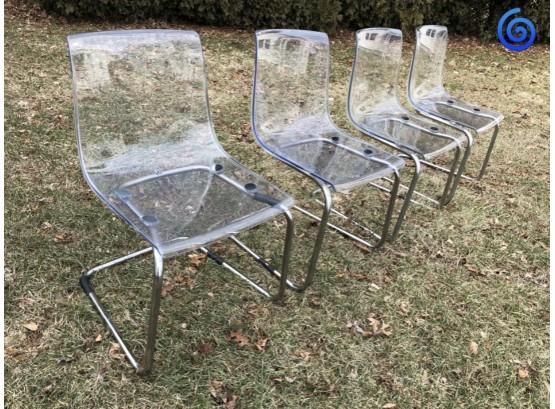 🌀  Set/4 MCM Style Clear Lucite And Chrome Chairs