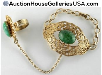 Superb Pre-Byzantine Aesthetic Slave Ring And Bracelet Punched Brass/Green Faux Malachites