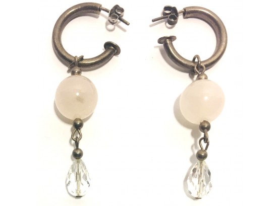 Artsy Fine And Beautiful Small Sterling 3/4 Hoop Earrings With Dangling Rose Quartz Orbs & Crystal Briolettes
