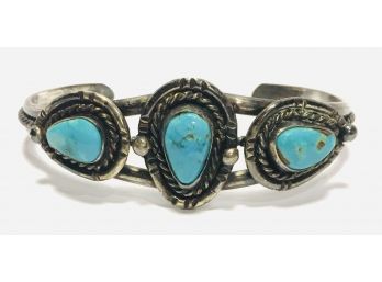Old Pawn Classic Handmade Sterling Cuff With 3 Large Chunky Turquoise Gem Bracelet