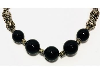 Handmade Artisan Handmade Silver And Black Glass Beads Necklace 20”