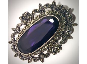 Exquisite Large Elongated Faceted Oval Amethyst Bezel Set In Sterling W/marcasites Victorian Brooch 2”