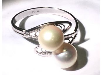 Eversweet Vintage Filigrees Sterling Silver Double Pearls Ring Size 8