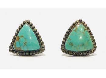 Old Pawn Hand Tooled Silver And Turquoise Post Earrings 3/4”