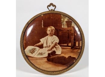Early Color Photo Of Young Child In Round Vintage Bubble Glass Frame 1915; 6' Diameter