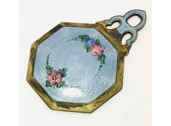 Victorian Era French Hand Painted Roses On Pale Blue Guilloche Enamel Just Beautiful Purse/3.5” Vanity Mirror
