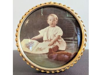Charming Early Color Photo Of Young Child  In Round Vintage Frame 1915; 6' In Diameter