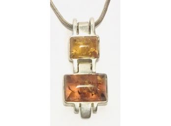 Mid Century Modern Amber And Sterling Articulated Pendant 1.25” On Snake 18” Chain