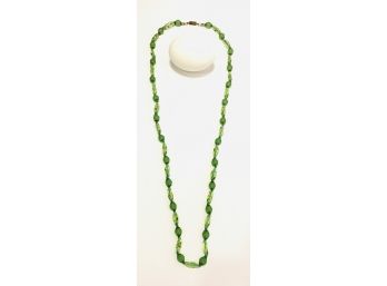 Wonderful Shades Of Green With Small Brass Findings Hand Tied Old Venetian Glass Long Strand 30”
