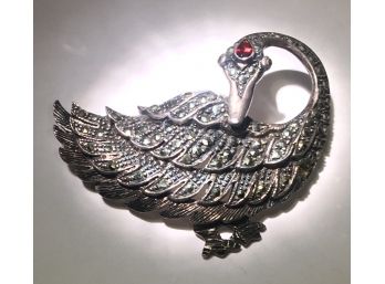 Show Stopper Preening Swan With Garnet Jewel On Forehead Laden With Marcasites In Sterling Brooch 2.25”