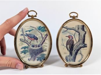 Pair Small Vintage Bird Motif Coheleach Prints; Framed Under Glass; 5' Tall