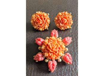 Vintage Elizabeth Andrew Carved Faux Coral And Pearls Earrings And Brooch Set