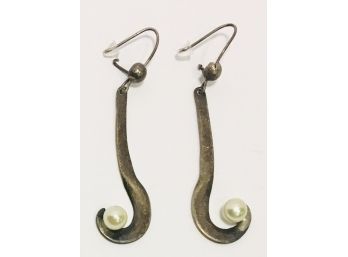 Very Vintage Signed Orvelo Dangling Upside-down Question Mark Sterling Pearl Pierced Earrings 2”