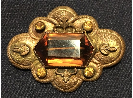 💌  Museum Quality Antique Brooch With Bezel-Set Faceted Citrine And Round Stones Brooch