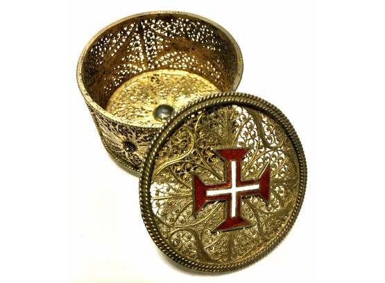 💌  Fine Beautiful Tiny Handmade Filigree Footed Lidded Hinged Box With Enamel Middle Ages
