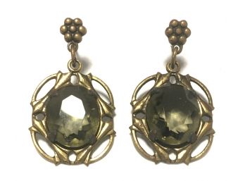 💌  Smoky Green-Gray Stones Prong Set In Antique Punched Brass Earrings