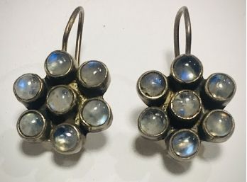 💌  Vintage Blacked Sterling With Moody Moonstones Floral Pierced Earrings With Safety Clasp