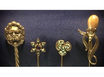 💌  Wonderful Grouping Of Vintage Stick Pins Hat Pins With Turquoise Amethyst And Pearl With Green Face Man
