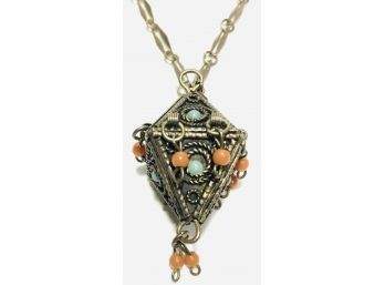💌  Artsy Coral, Turquoise And Lo-carat Silver Handmade Vintage Amulet Necklace
