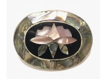 💌  Beautifully Inlaid Abalone Shell Onyx And Mother Of Pearl Sterling Florette Brooch/Pendant