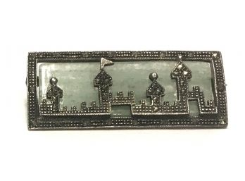 💌  Beautifully Depicted Persian/Mosques (?) Skyline Sterling Silver Sparkling Marcasite Over Moody Jade Sky