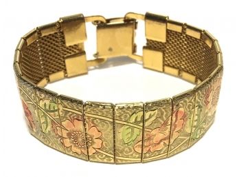💌  Gorgeous Vintage Pinks/Greens Guilloche Flowers On Pressed Brass Panels Bracelet