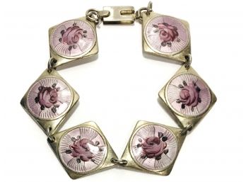 💌  To Die For! Softest Lilac Guilloche Hand Enamel Roses Sterling Links Bracelet