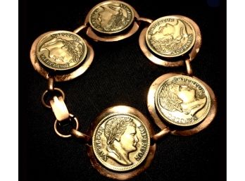💌  French Historical Napoleon Coins Mounted On Copper Roundels Vintage Bracelet