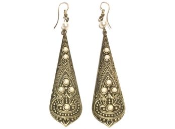 💌  Striking Ornate Long Pressed Brass Earrings With Pro Pearls For Pierced Ears