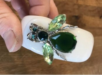 💌  Clamper Cuff Bracelet Hinged Creamy White Resin Green Rhinestones Silver Insect Bug Bee