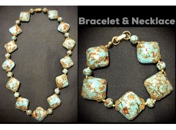 💌  1940s Gold In Turquoise Large Stones Demi Pauvre Necklace Bracelet