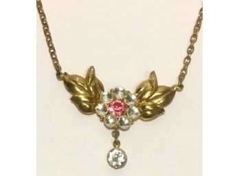 💌  Fun And Sparkly Rhinestone Flower And Brass Vintage Necklace Interesting Chain Link