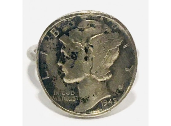 For The Numismatist ! 1945 Liberty Dime Coin Silver And Sterling Ring Size 6