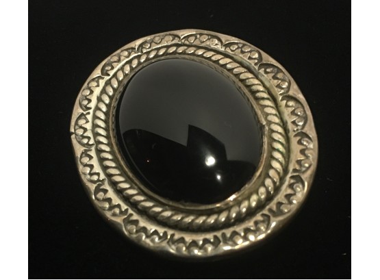 Signed Navajo Heavy Sterling And Onyx Brooch