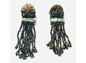 Sophisticated Artsy Swingy Abalone Shell And Peacock Seed Bead Vintage Dangle Post Earrings Gorgeous 3.5”