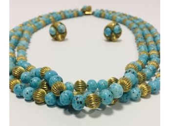 Great Looking 1940s.Faux Turquoise And Gold Multi Strand Necklace With Clip On Earrings