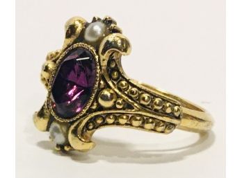Sweetest Vintage Amethyst And Pearl Costume Ring (Adjustable Size 6/7)