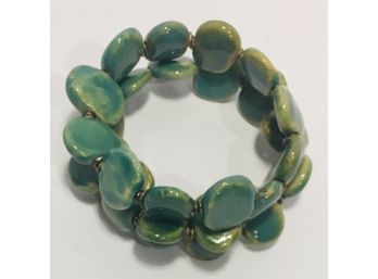 Beauty! Artist Made Glazed Pottery Beads Springy Cuff Vintage Bracelet