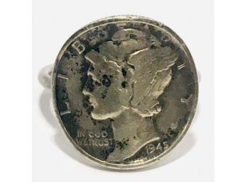 For The Numismatist ! 1945 Liberty Dime Coin Silver And Sterling Ring Size 6