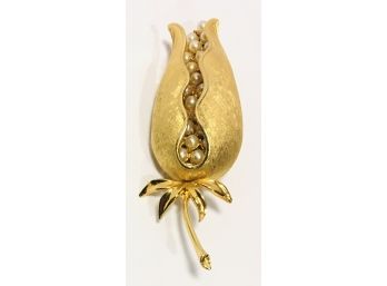 Large Wonderfully Intriguing Signed Coro Craft Gold Tone With Pearls Floral Abstract Signature Brooch