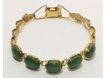 Gorgeous Jade Cabochons Set In Gold; Unmarked, Vintage, Lovely 6”