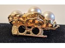 14 K Marked Gold Scarf Clasp Topped With 4 Pearls And 2 Diamonds 1' - 6.4g
