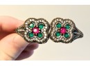 Sterling Silver Bracelet With Rubies, Emeralds, And White Stones -Marked 24g - Has Been Repaired Before
