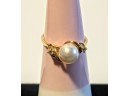 14 K Marked Gold Ring Topped With One Large Pearl And 2 Real Diamonds - 2.6g - Size 6