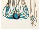 Matching Liquid Silver And Turquoise Jewelry Set - A Necklace 16'  Pierce Earrings 2' And  A Thin Necklace 20'